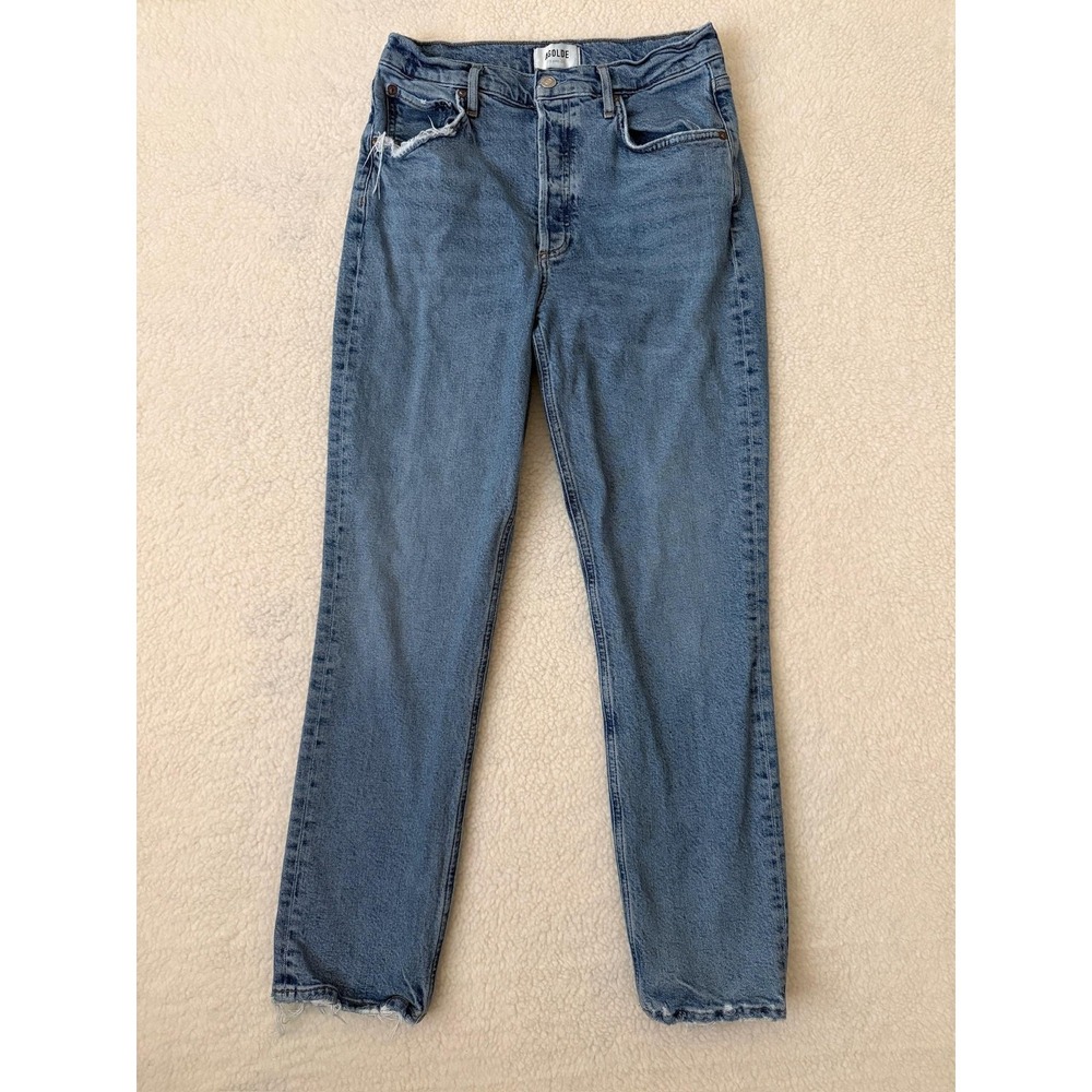 AGOLDE Riley Long Jeans Womens 28 Blue Medium Wash High Rise Distressed Denim